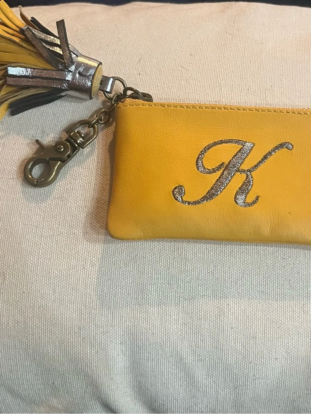 Anthropologie Monogram “K” Leather Coin Pouch Keychain Tassel Mustard Yellow NWT